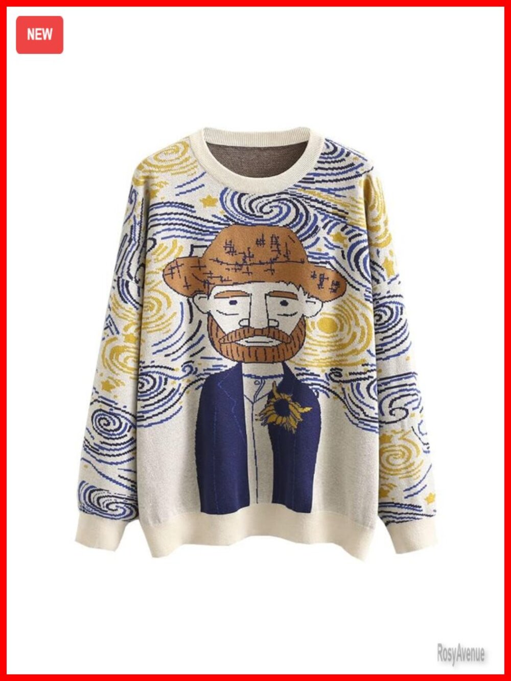Womens Long Sleeve Crew Neck Knit Pullover Sweater Van Gogh Art